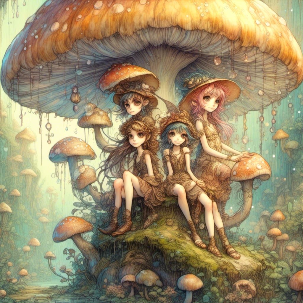 Whimsical Pixies Climbing Mushroom, Fantasy Illustration