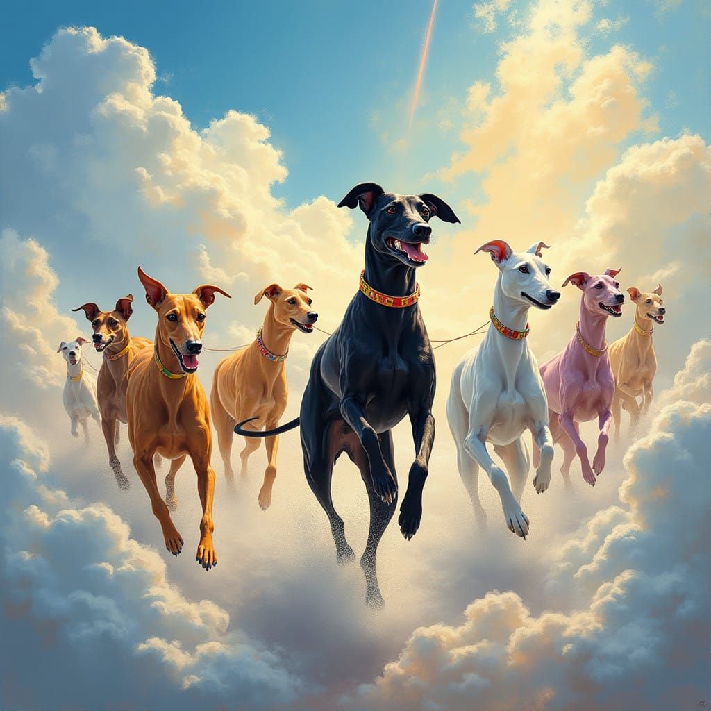 Greyhounds in Joyful Whirlwind of Colorful Clouds