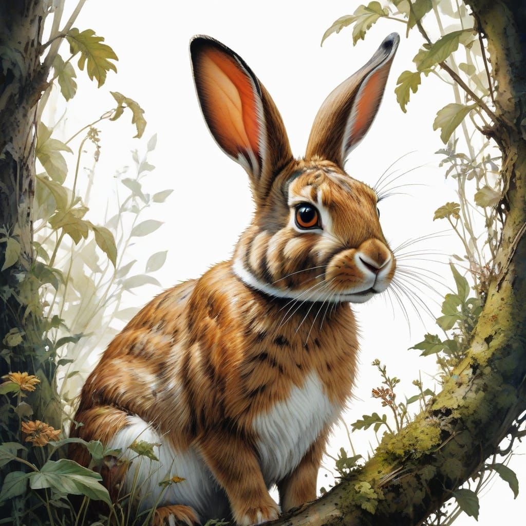 Rabbit forest, Style Joachim Beuckelaer, watercolor, white b...