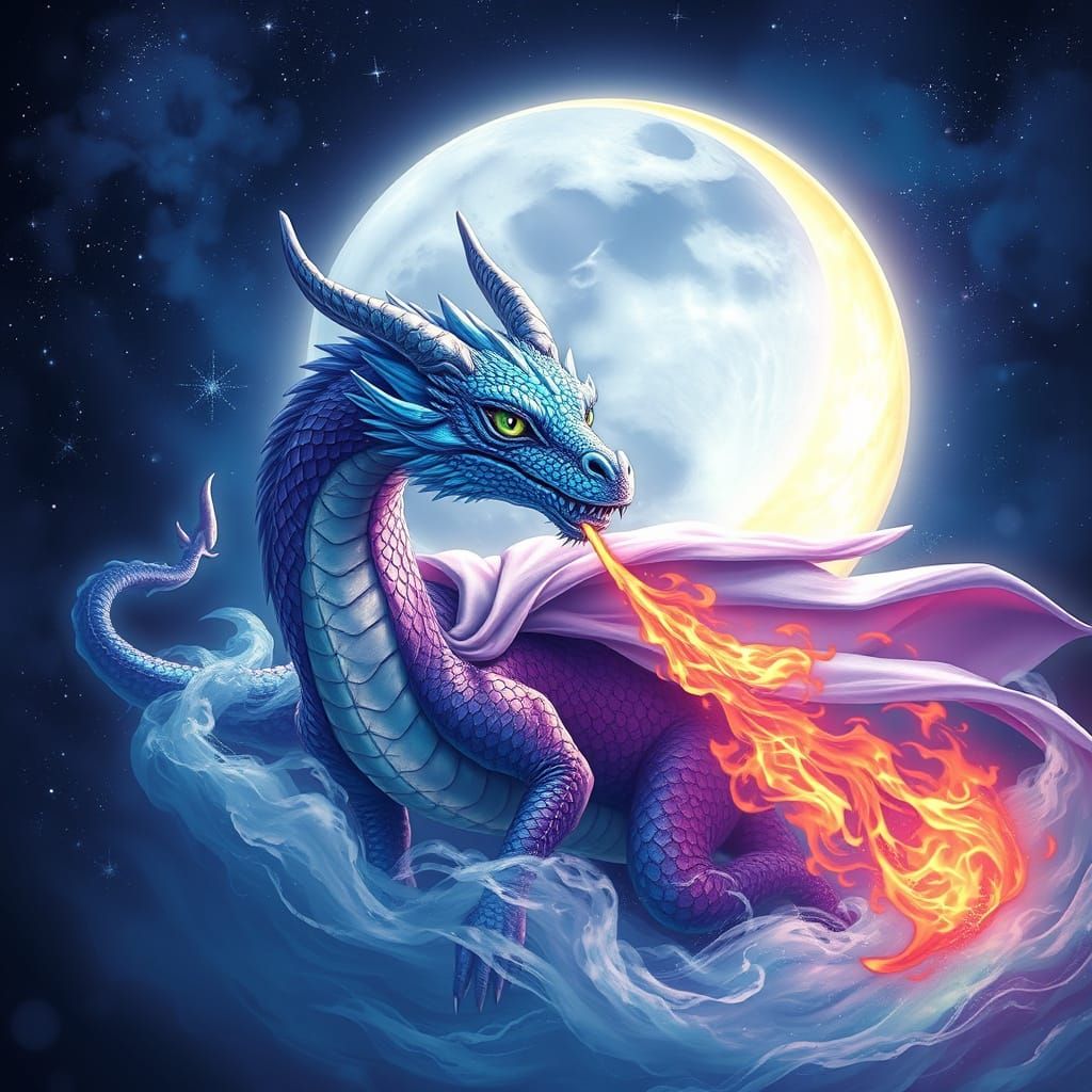 Cosmic Dragon with Iridescent Scales and Lunar Backdrop