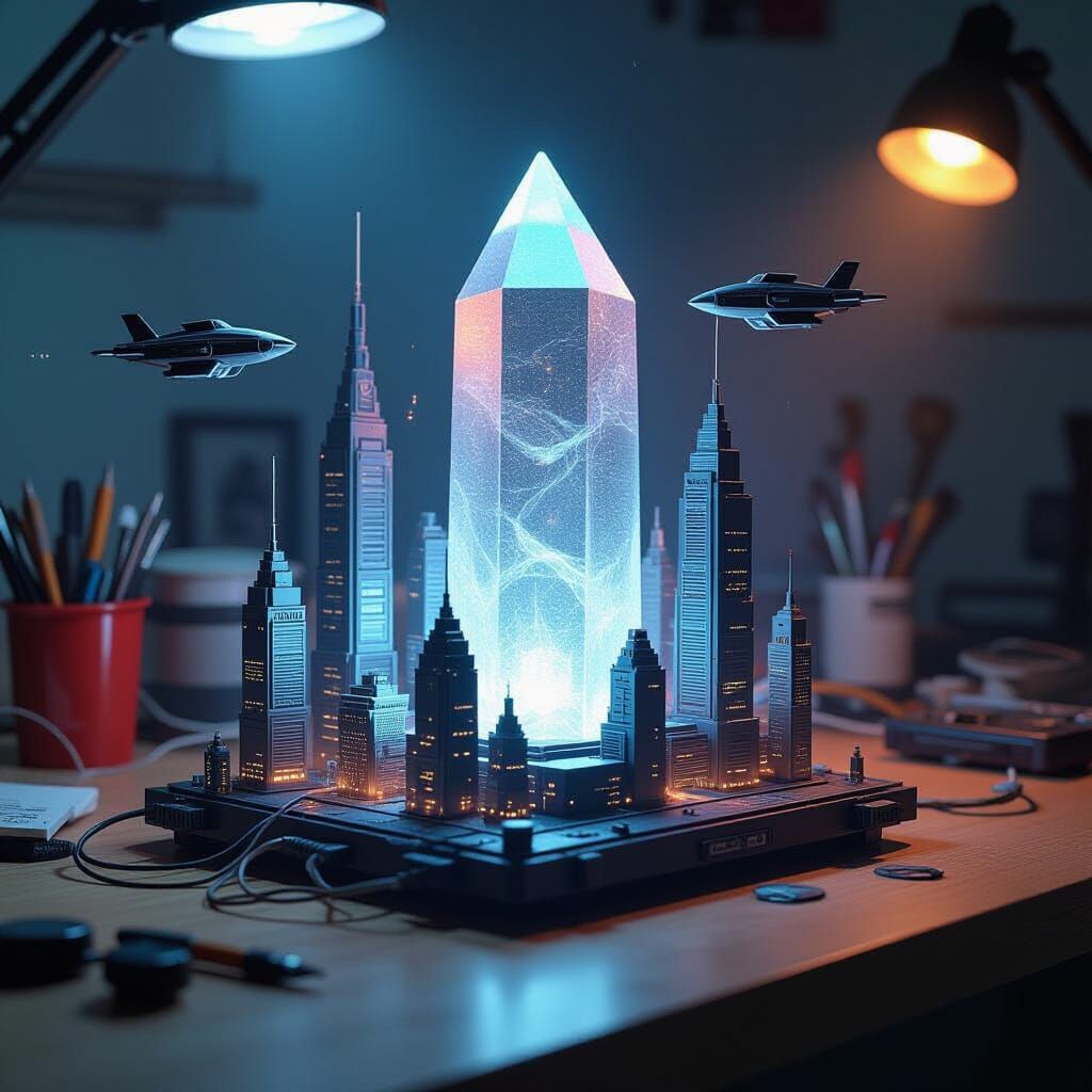 Cyberpunk City Diorama with Glowing Crystal Power