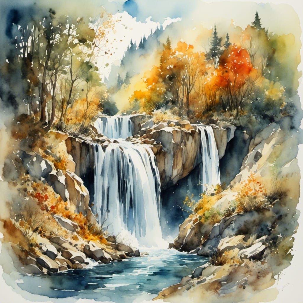 Waterfall Flowing From Open Book in Watercolor
