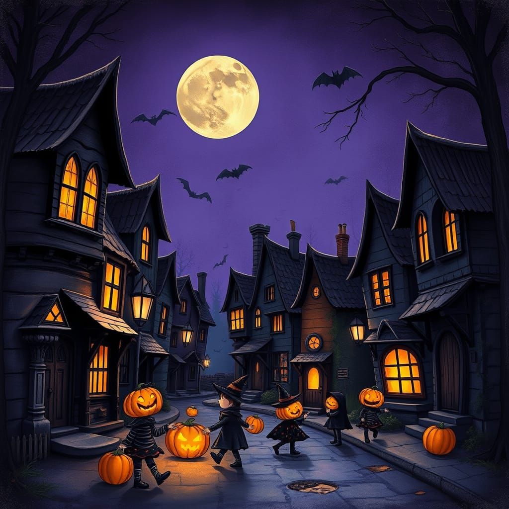 Dark Fantasy Street Scene with Trick-or-Treaters