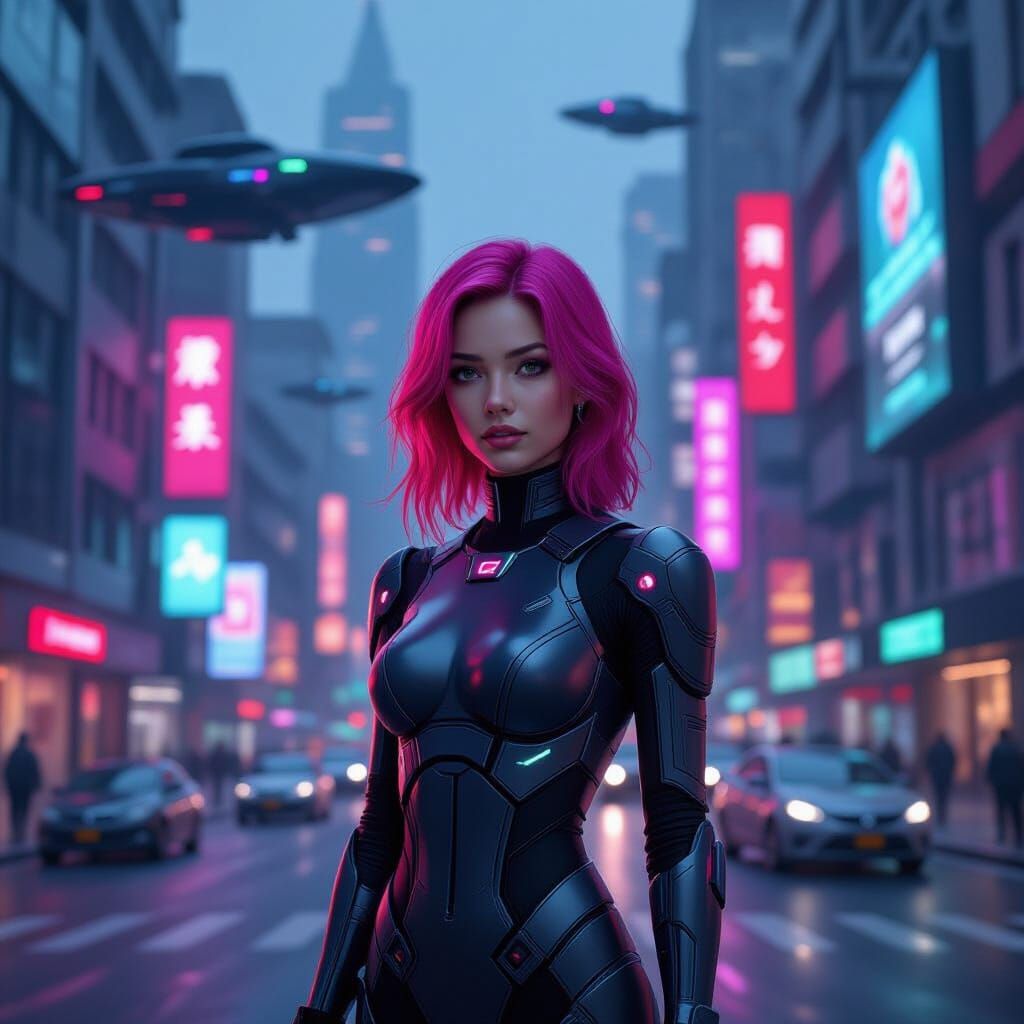 Cyberpunk Woman With Pink Hair in Futuristic City