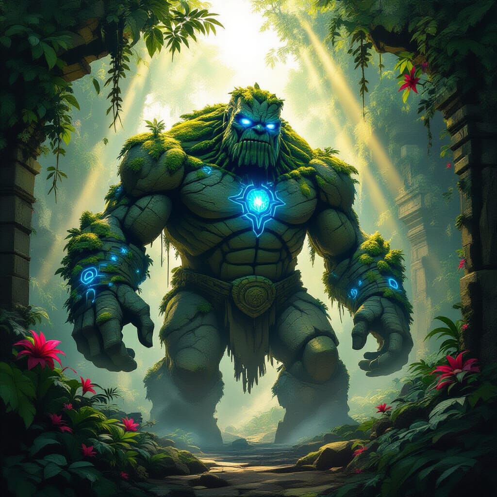 A colossal, ancient stone golem, covered in moss and glowing...