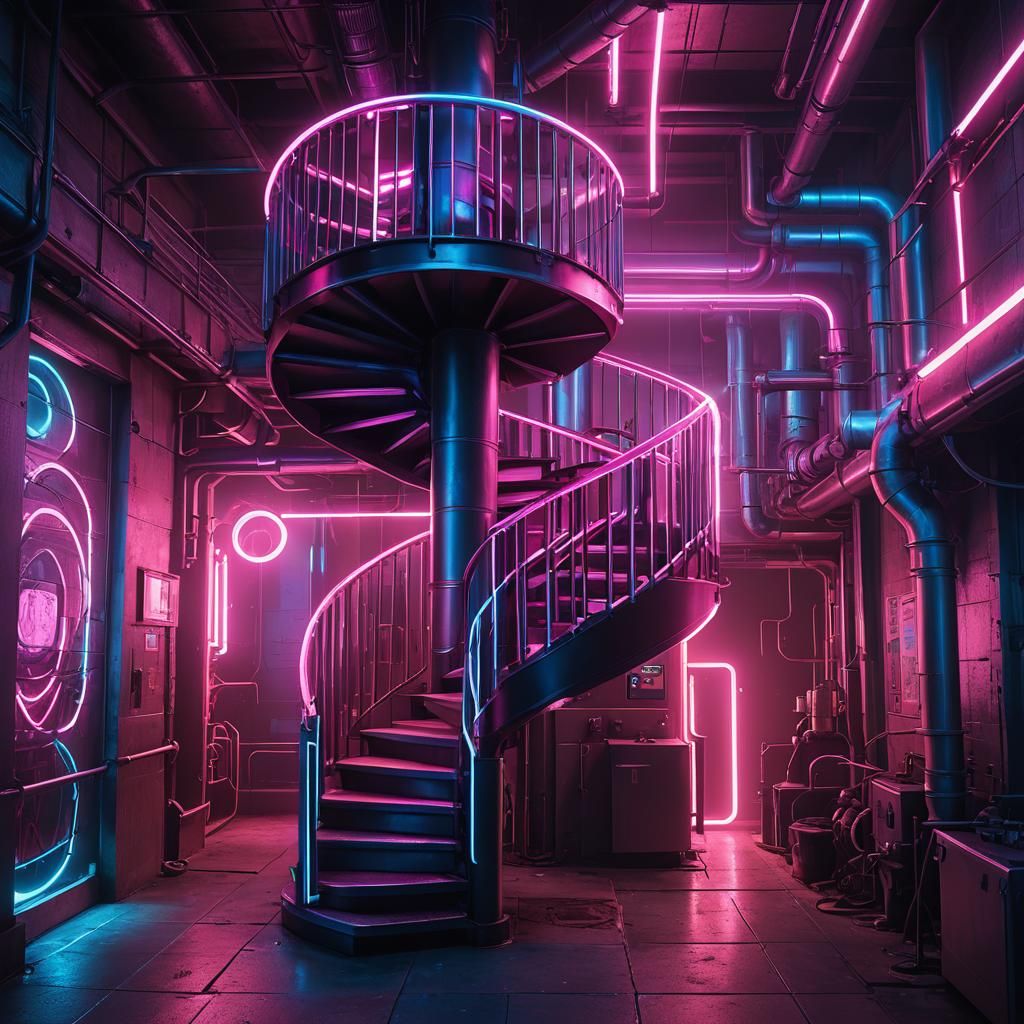 Neon Lit Staircase in Cyberpunk Industrial Scene