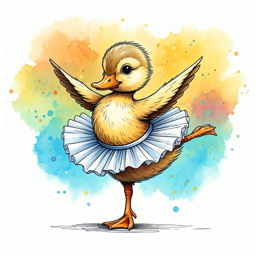 Dancing Duckling in Tutu with Ink Lineart
