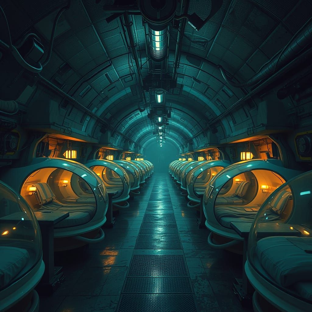Luxurious Cyberpunk Sewer Terminal with Japanese Sleep Pods