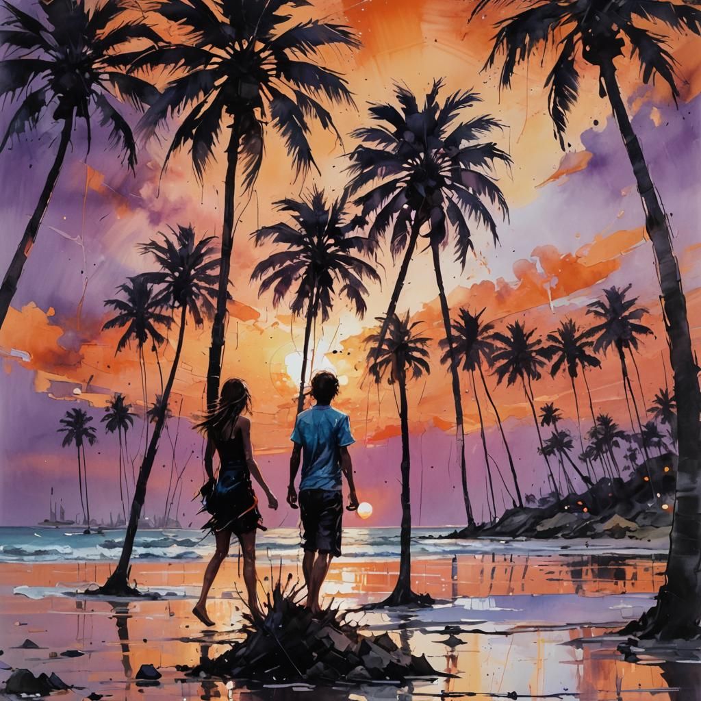 Palm Beach Sunset in Post-Impressionist Style