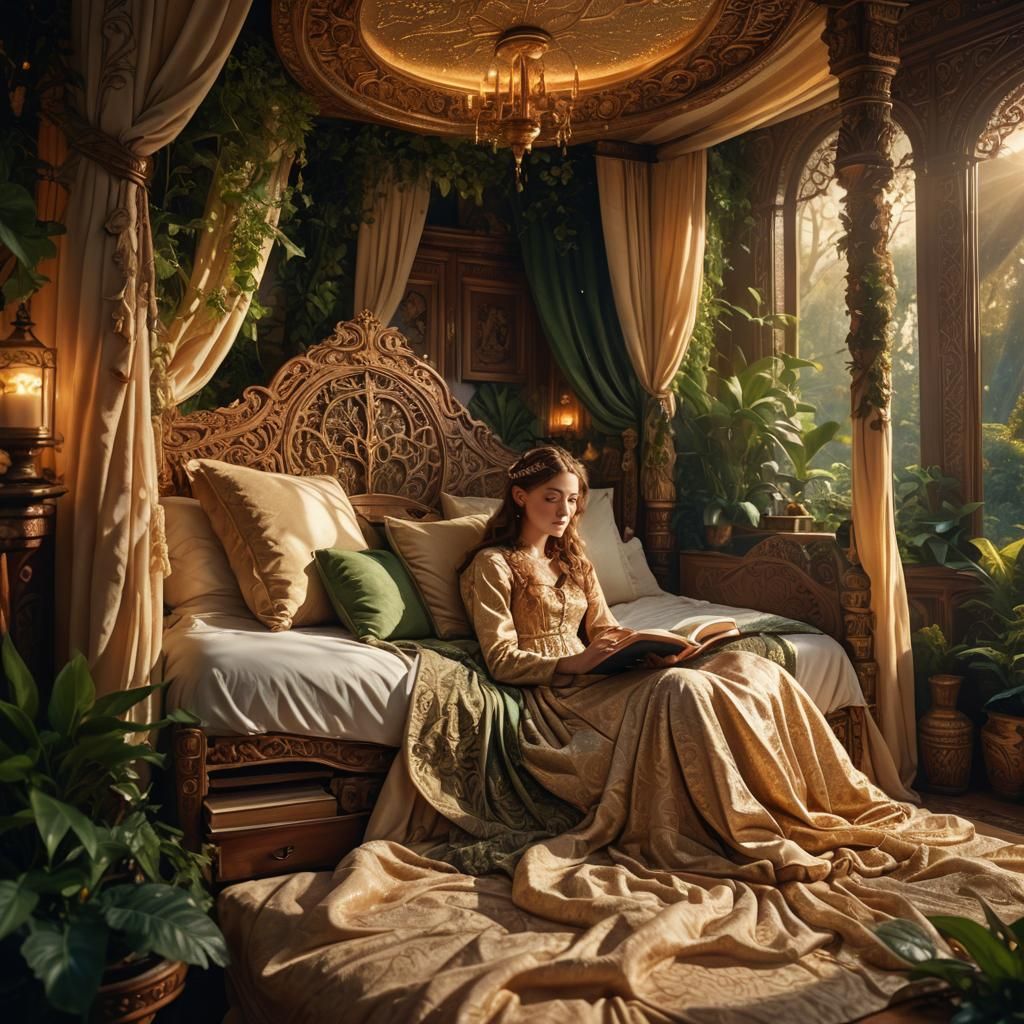 Ethereal Woman Reading on Ornate Bed: Matte Painting