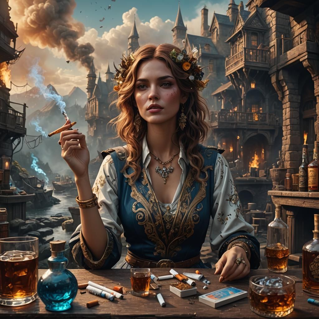 Detailed Matte Painting: Cigarettes, Whiskey, and Wild Women