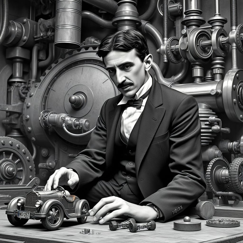 Nikola Tesla with Toy Car in Hyperrealistic Style