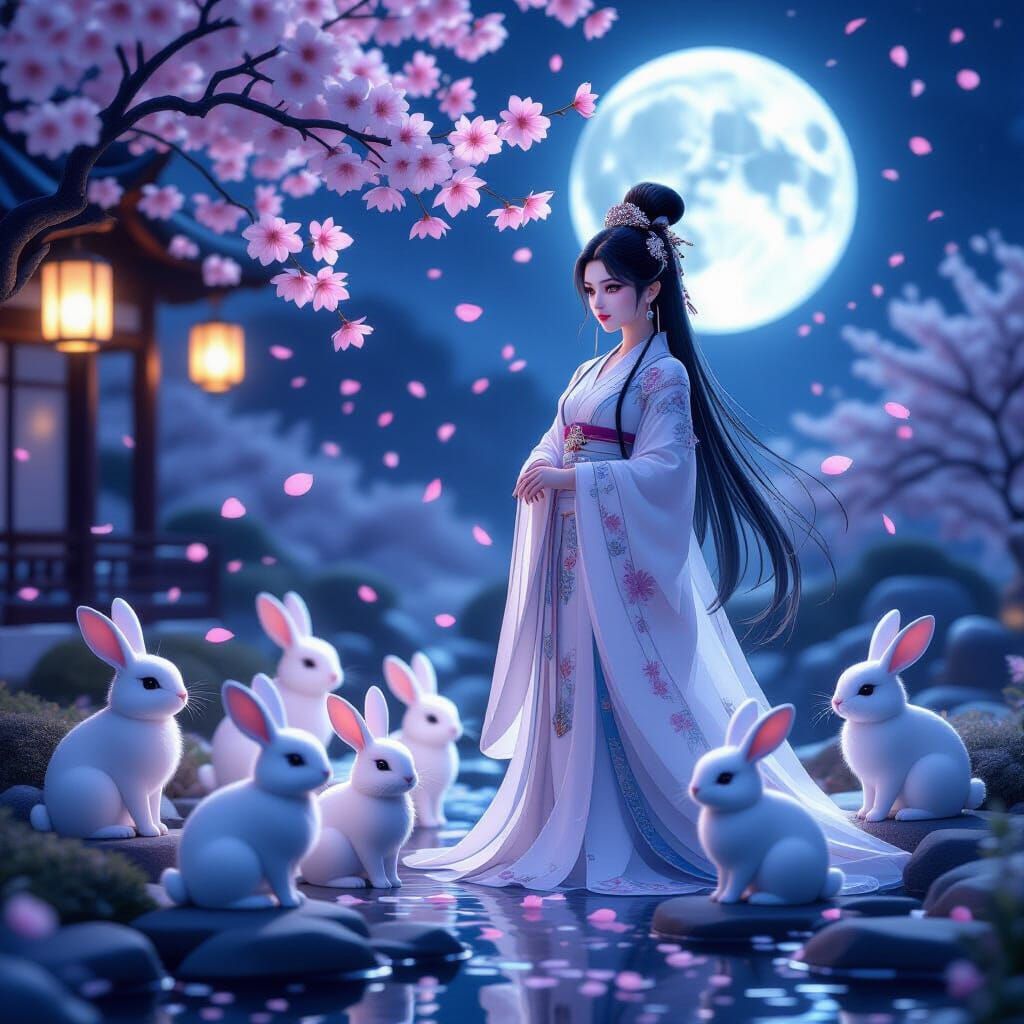 Regal Chang'e with Jade Rabbits in Moonlit Garden