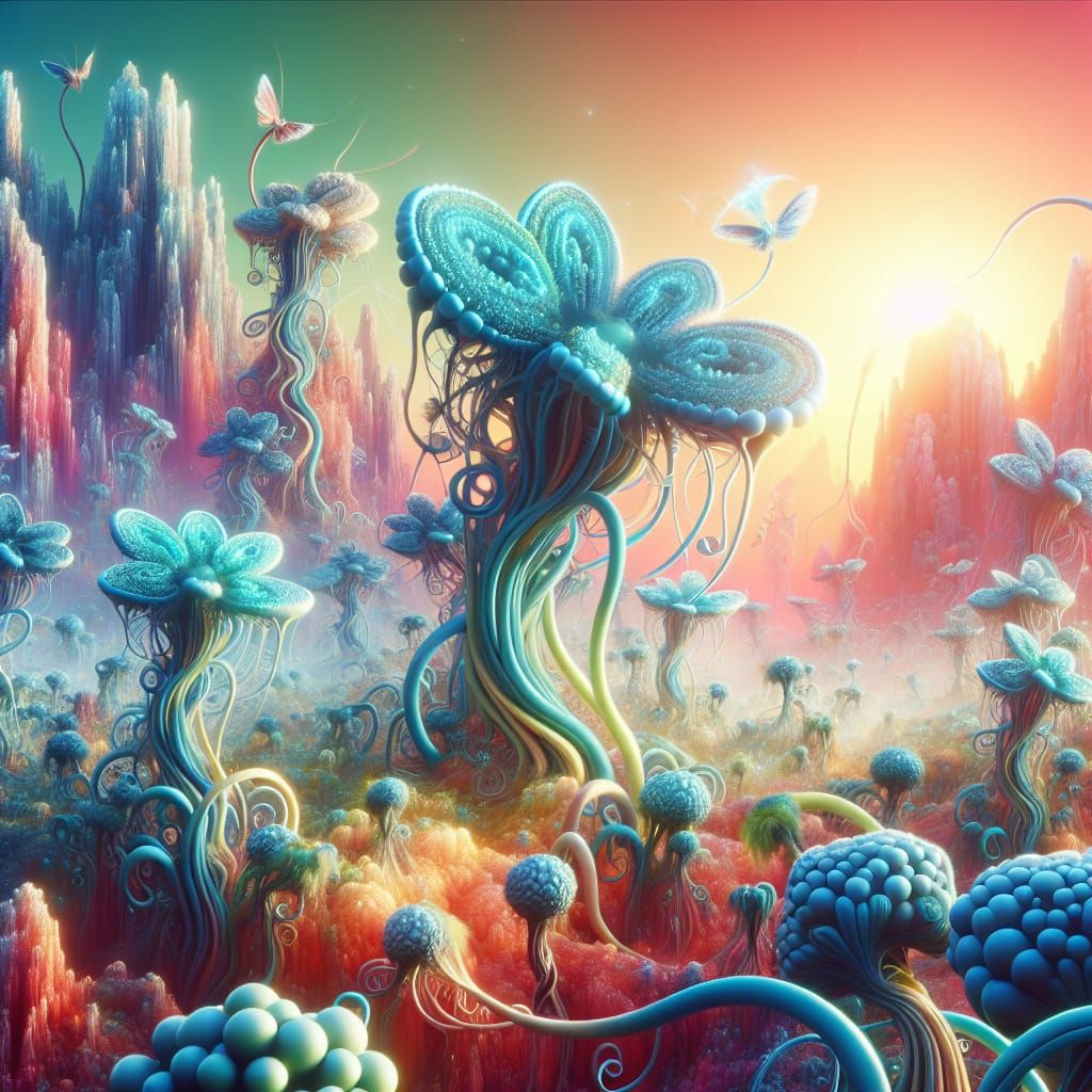 Surreal Alien Landscape with Turquoise Tentacle Flowers