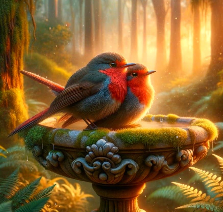 Scarlet Robins Snuggling in Dawn Light, 19th Century Oil Pai...