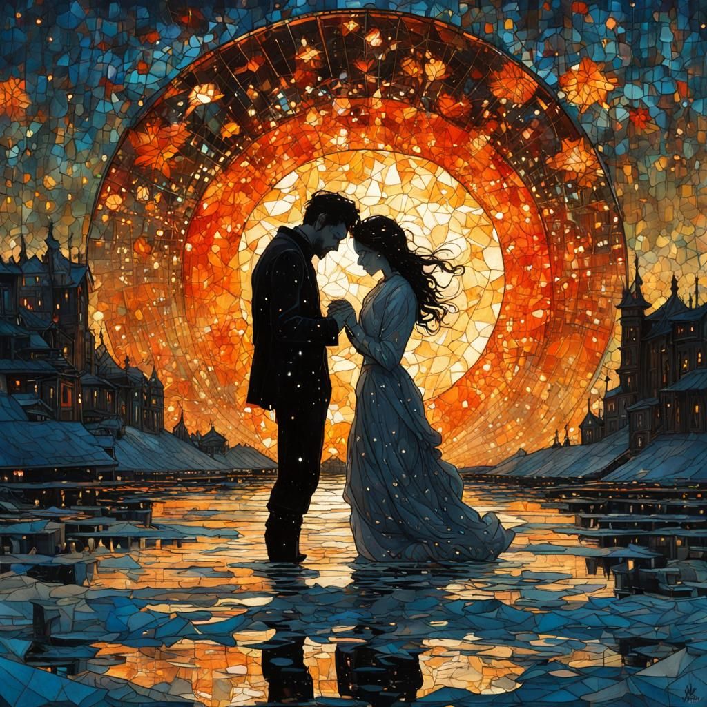 Lovers Confessing Under Stars: Impressionist Gouache Illustr...