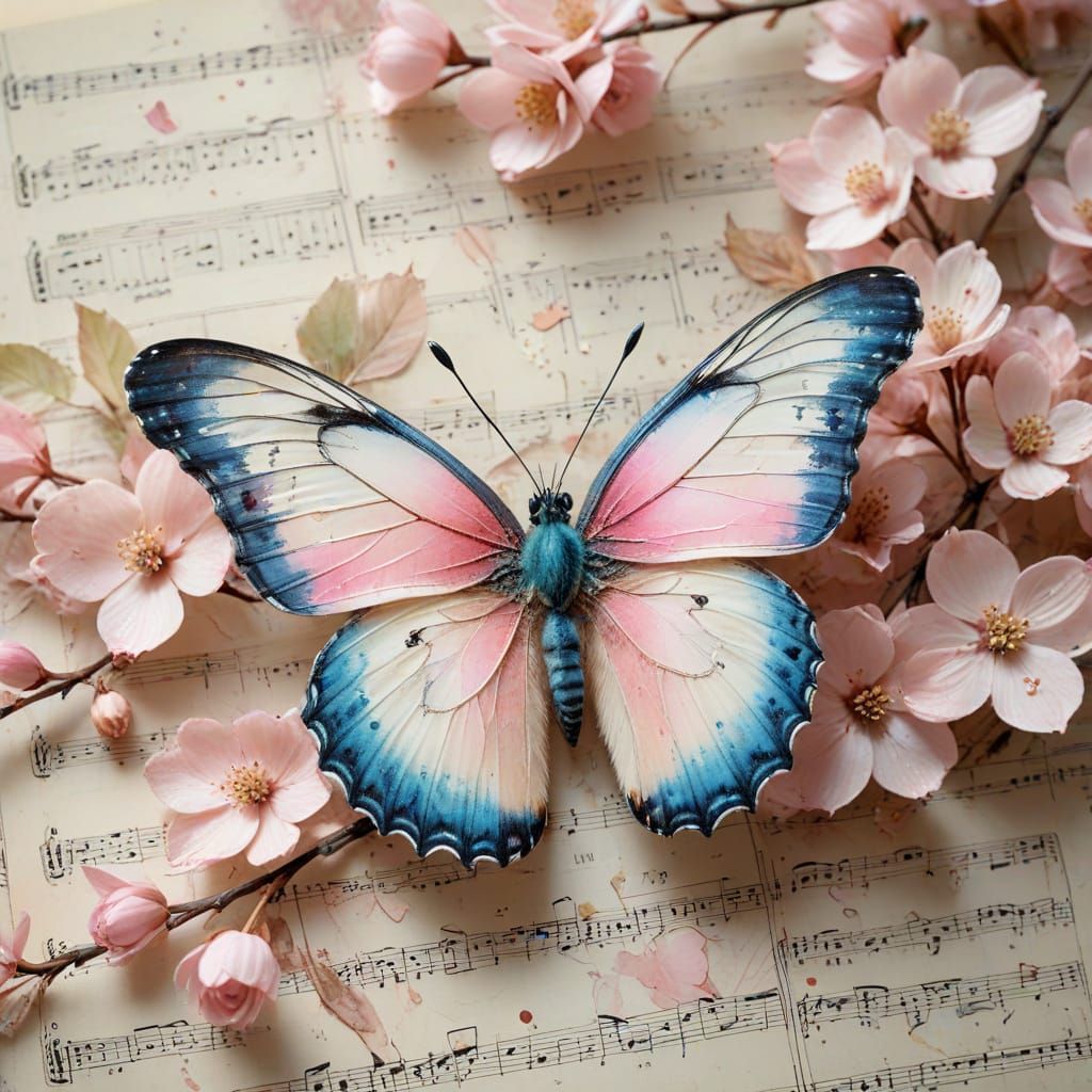 Watercolor Butterfly on Dogwood Branch in Spring Light