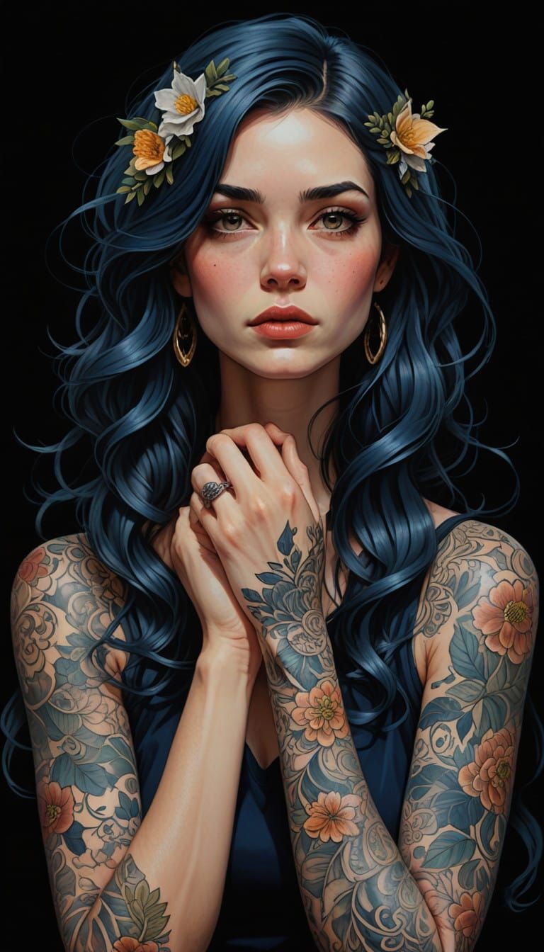 Woman in Contemplative Pose with Botanical Tattoos against D...