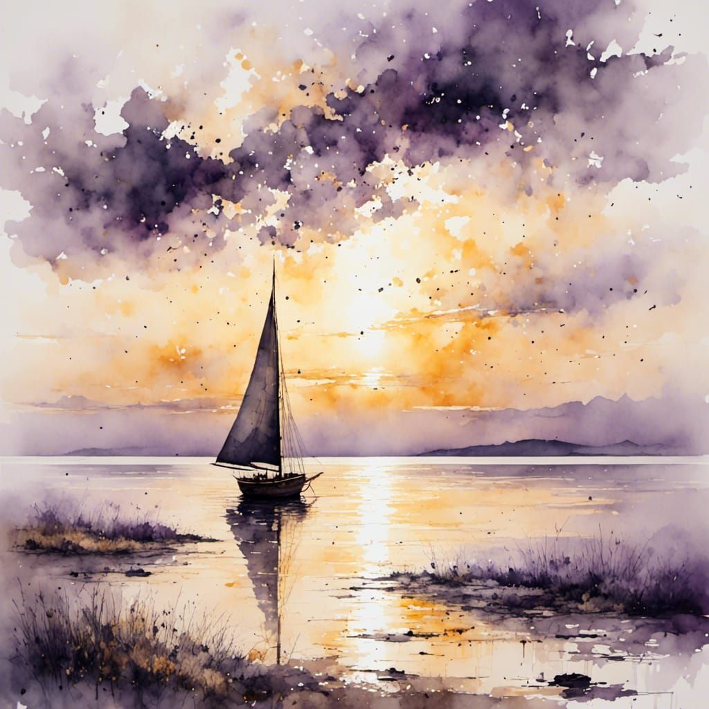 Dawn Seascape with Sailing Boat in Watercolor Style