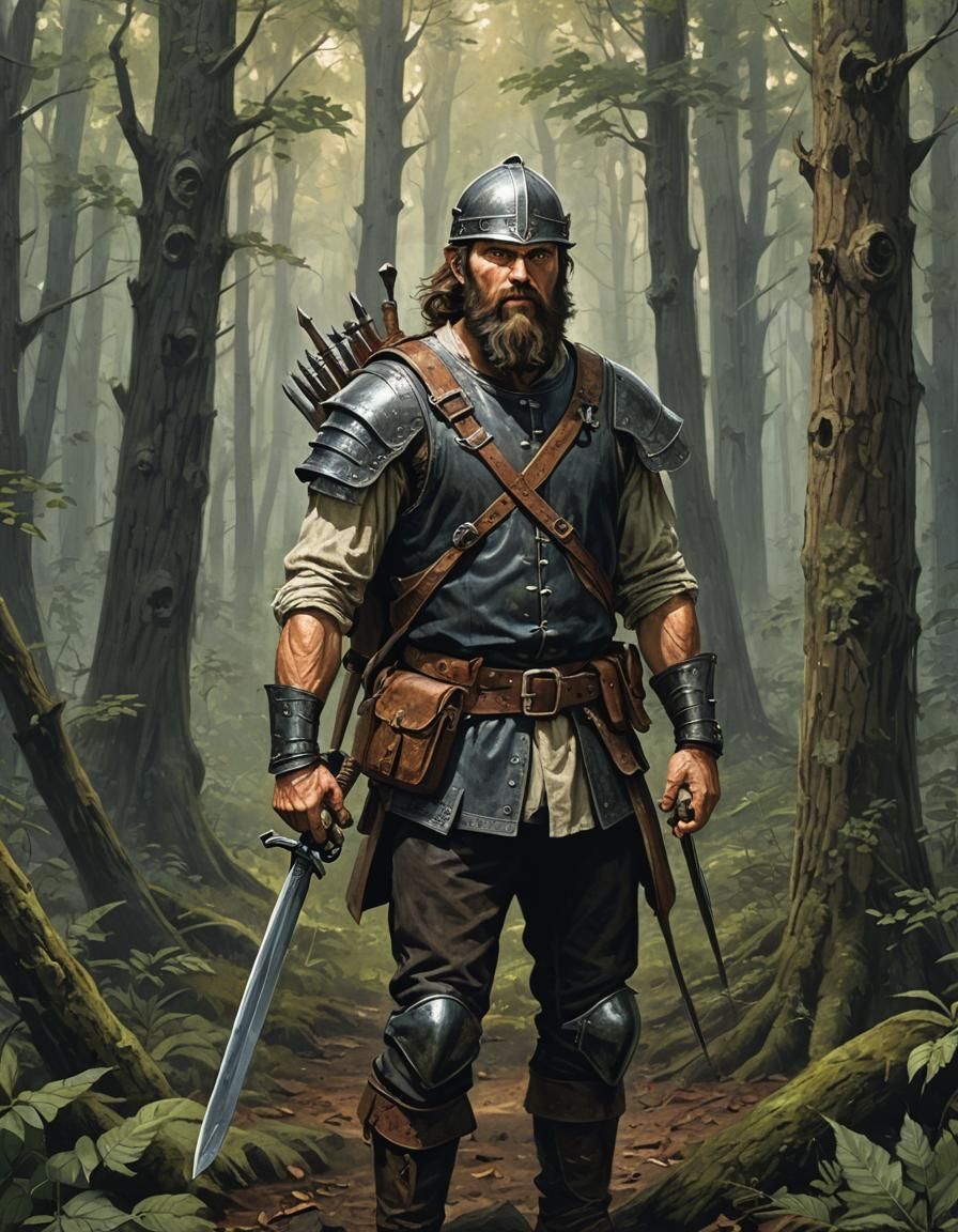 Medieval Warrior in Burning Forest: Dark Fantasy Illustratio...