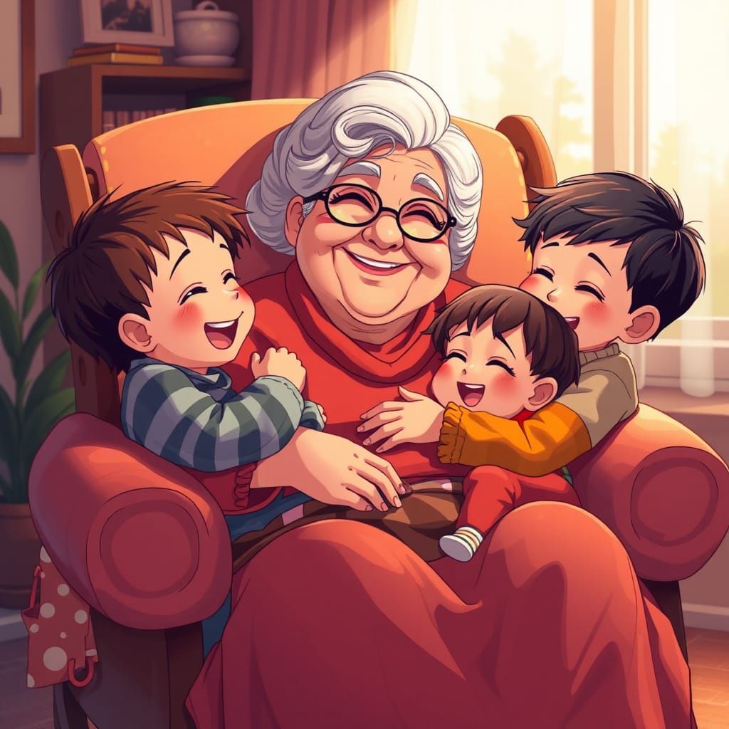 Grandma's Love: A Heartwarming Anime-Style Family Scene