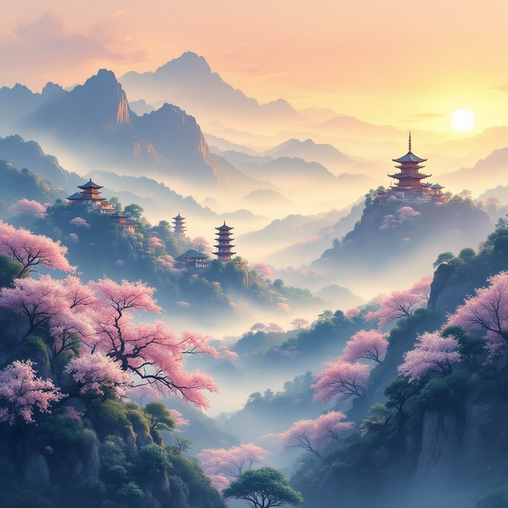Serene Asian Landscape with Pagodas and Cherry Blossoms