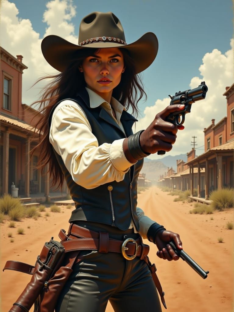 Female Gunslinger Riley Quickshot in Dusty Frontier Town