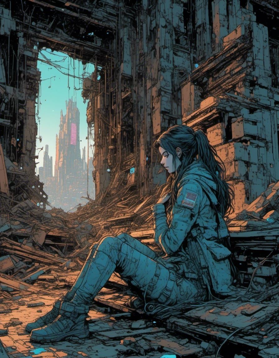 Cyborg Woman Crying in Ruined City