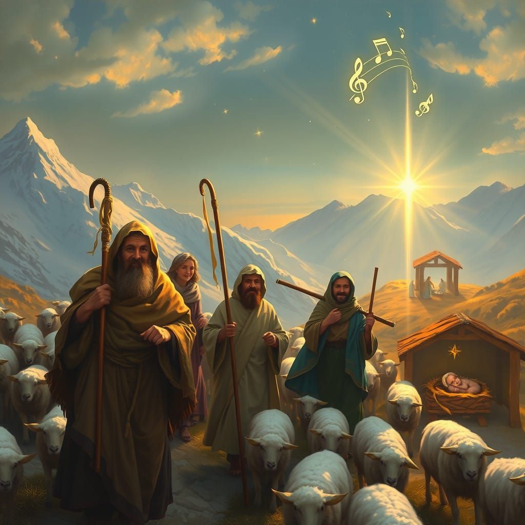 Shepherds in Joyful Procession Down Snow-Capped Mountains as...