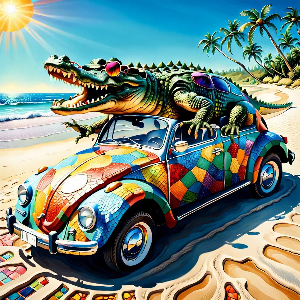 A crocodile driving a Volkswagen Beetle