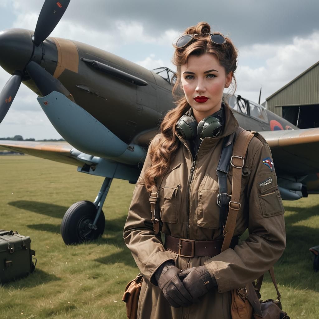 Pin-Up Girl Poses with 1940s RAF Fighter Plane