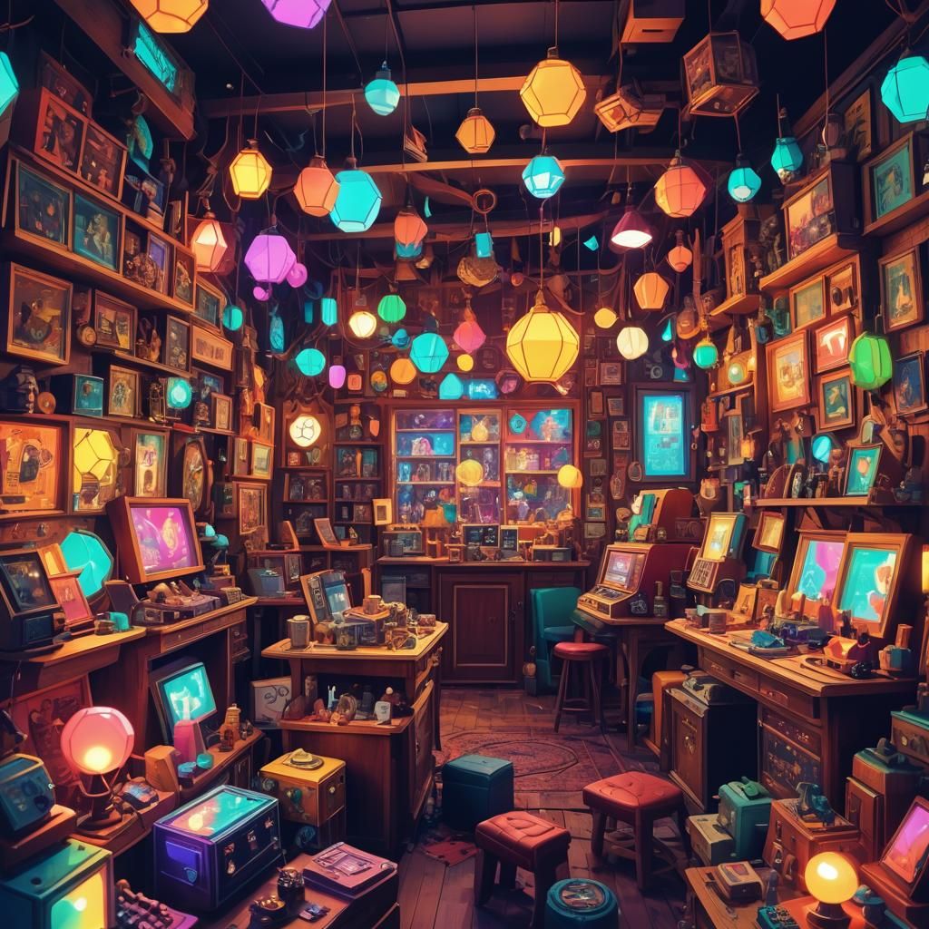 Cluttered Antique Shop in Low-Poly Art Style