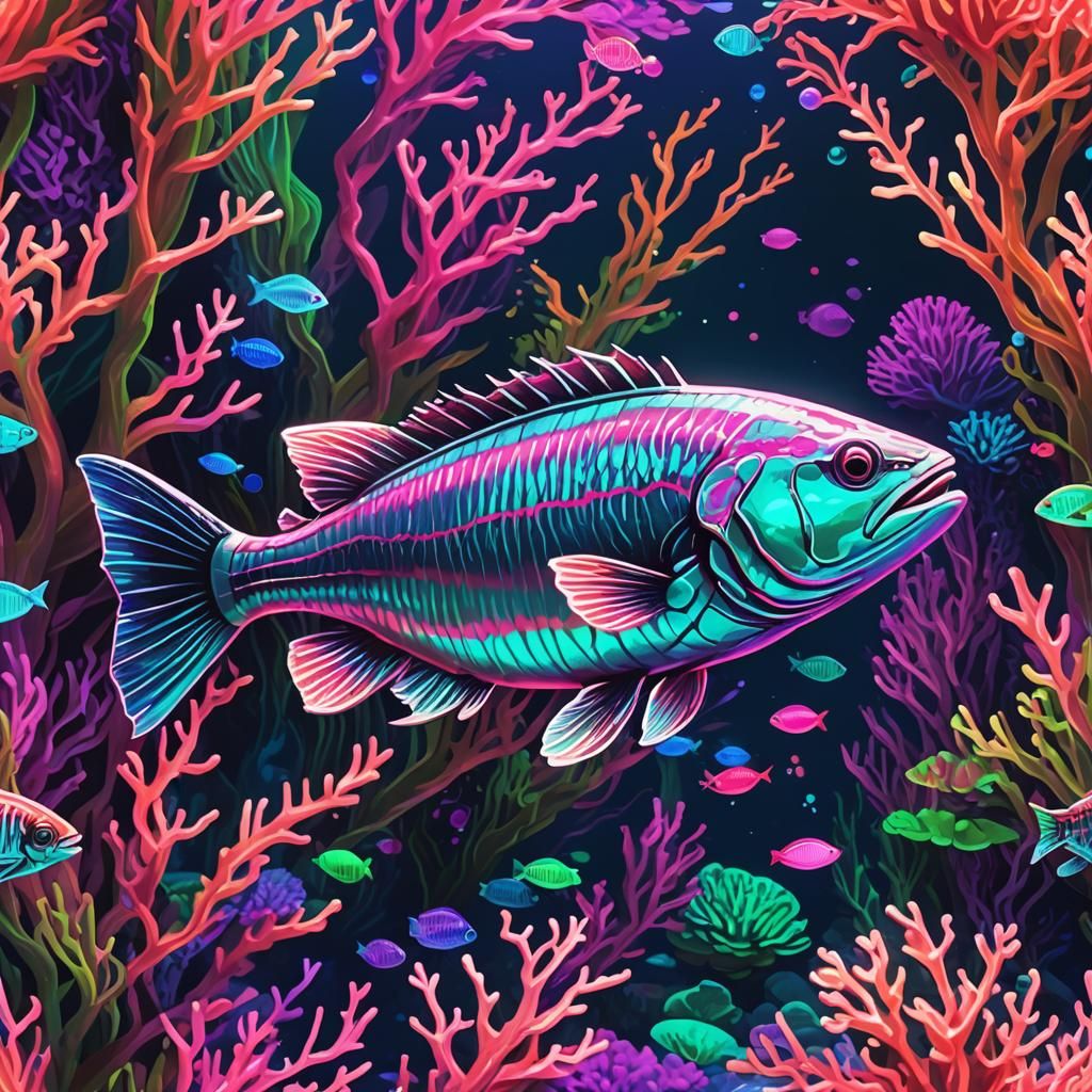 Synthwave Striper Fish in Neon Coral Reef