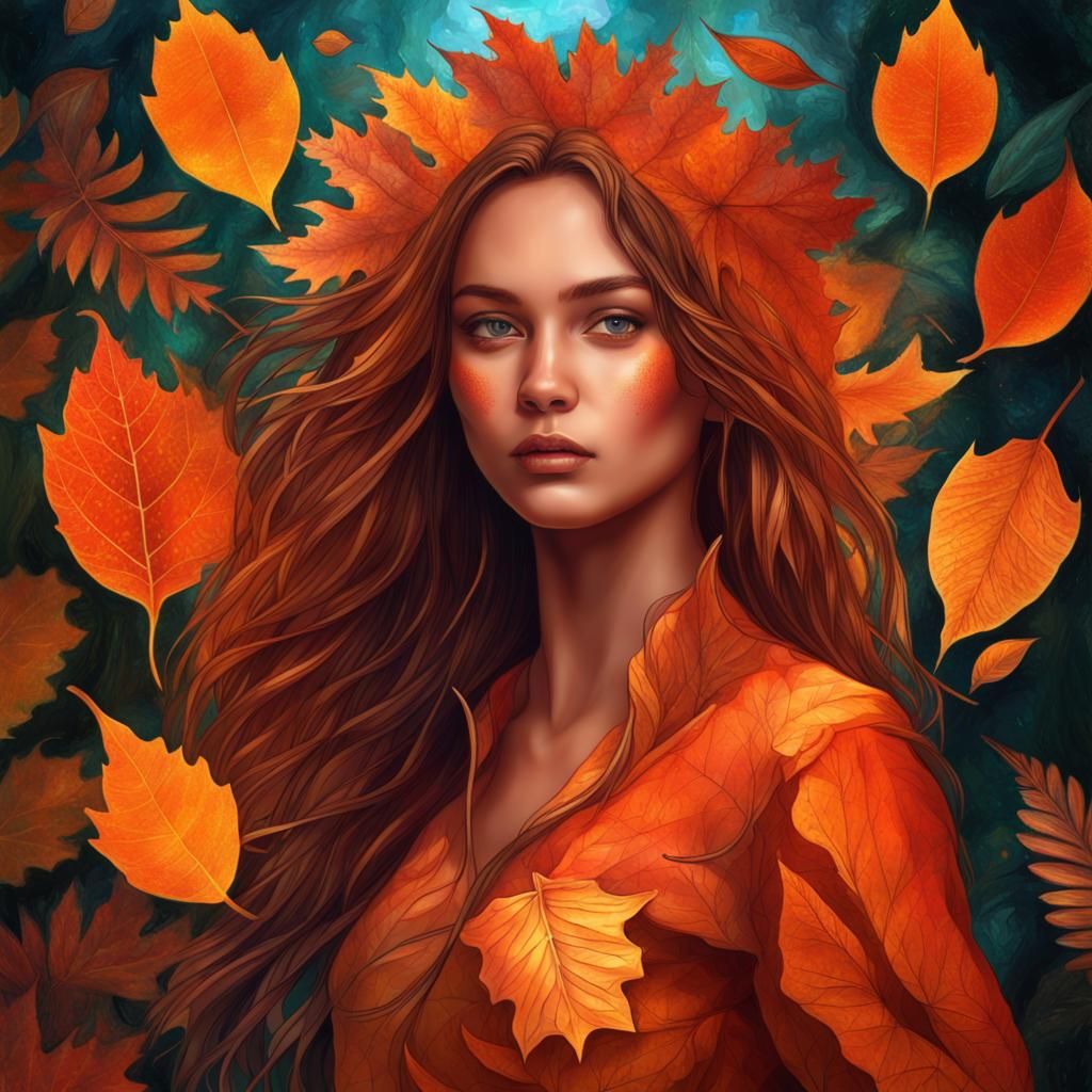 Autumn Girl Dancing in Orange Valley: Cosmic Illustration