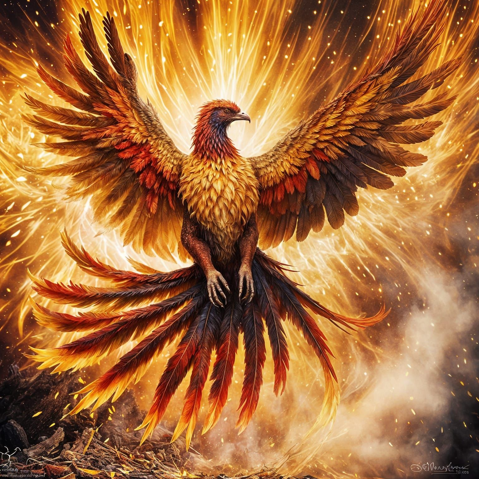 Phoenix Rising: Gold and Red Plumage