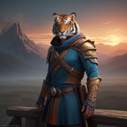 Tiger in Blue Clothes on the Plains: Digital Art