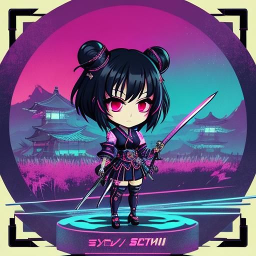 Synthwave Gothic: Chibi Japanese Girl with Swords