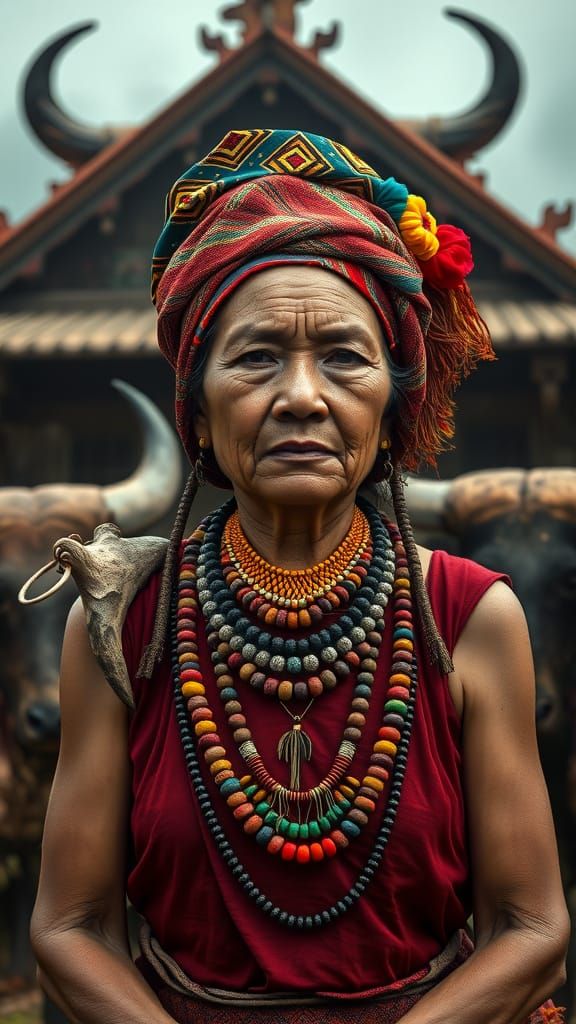 Torajan Woman in Front of Tongkonan House