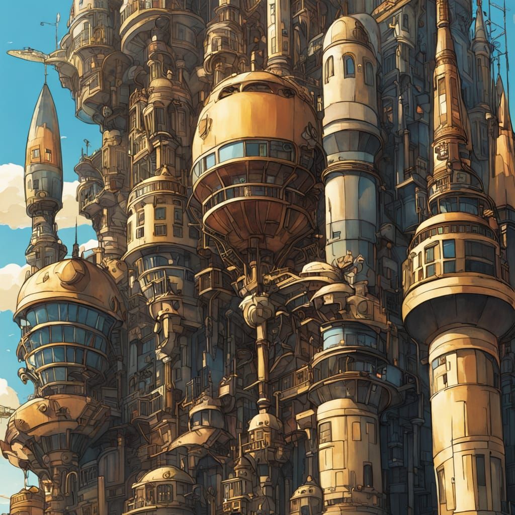 Steampunk Airship in Gaudi-Egyptian Sci-Fi Style