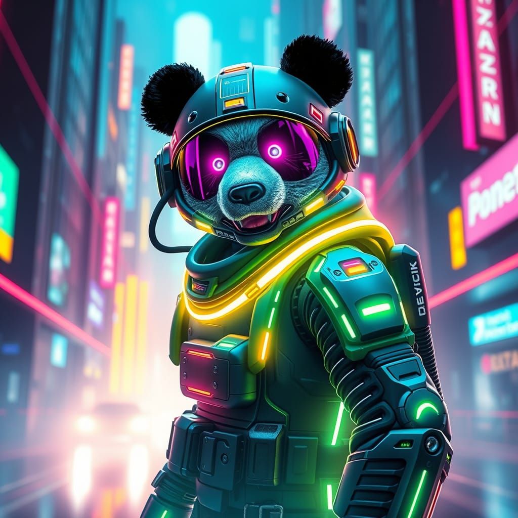Cyberpunk Panda in Cyber Suit, Neon Lights, and Futuristic C...