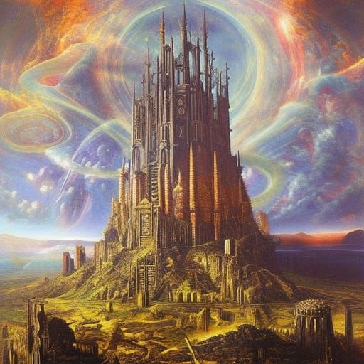 Epic Gothic Castle in Surrealist Oil Painting