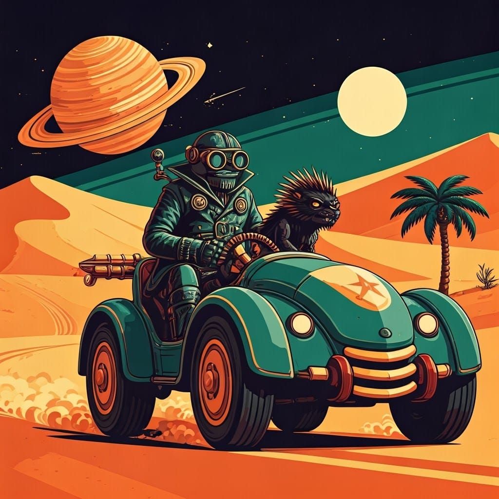 Steampunk Robot Drives Across Desert Landscape