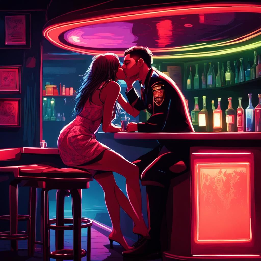 Paramilitary Officer and Girl Kissing in Neon Lit Bar