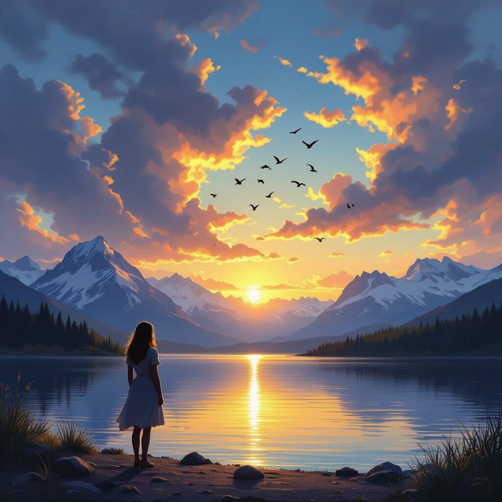 Woman on Lake Shore at Sunset with Mountains