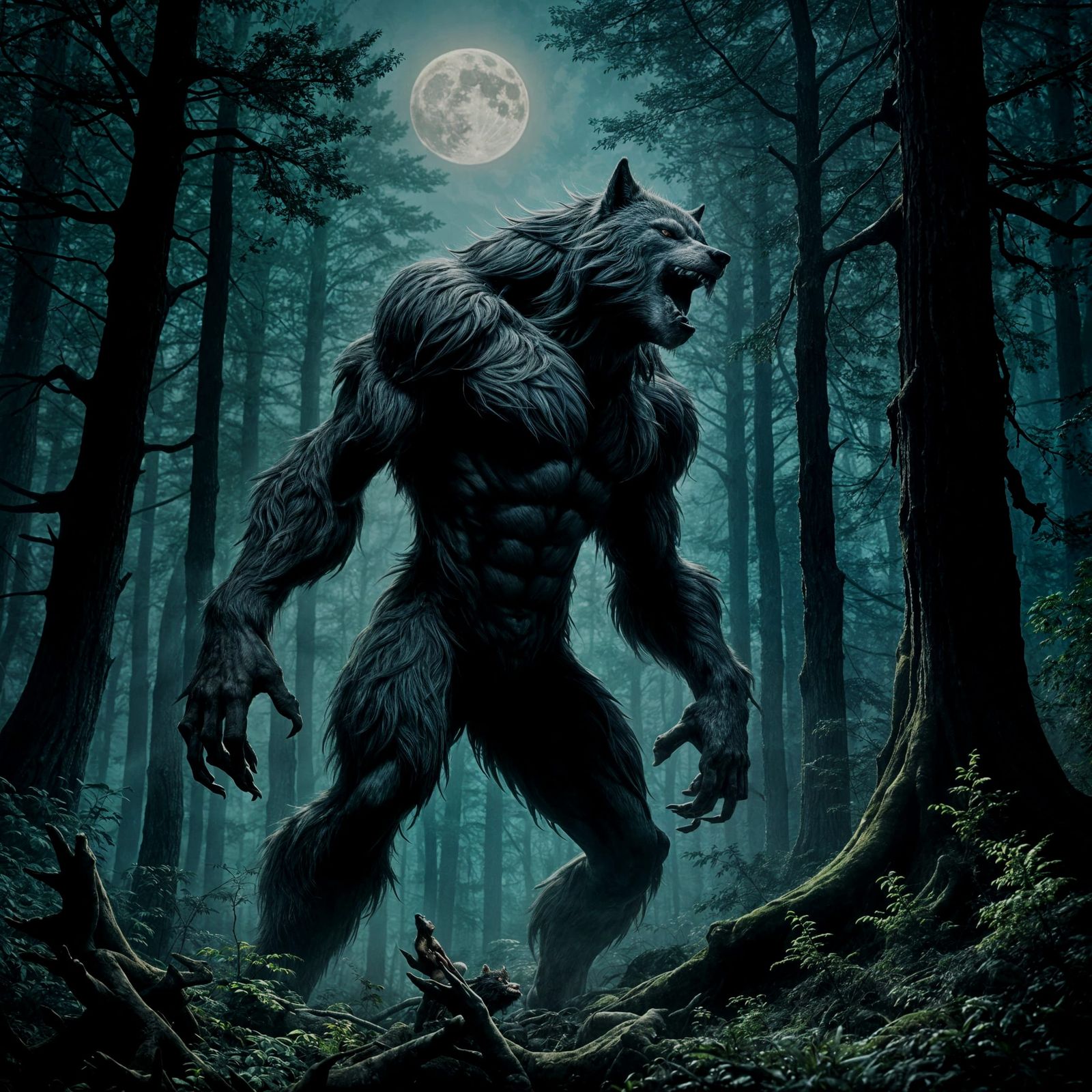 Wolfman Howling at Moon in Forest