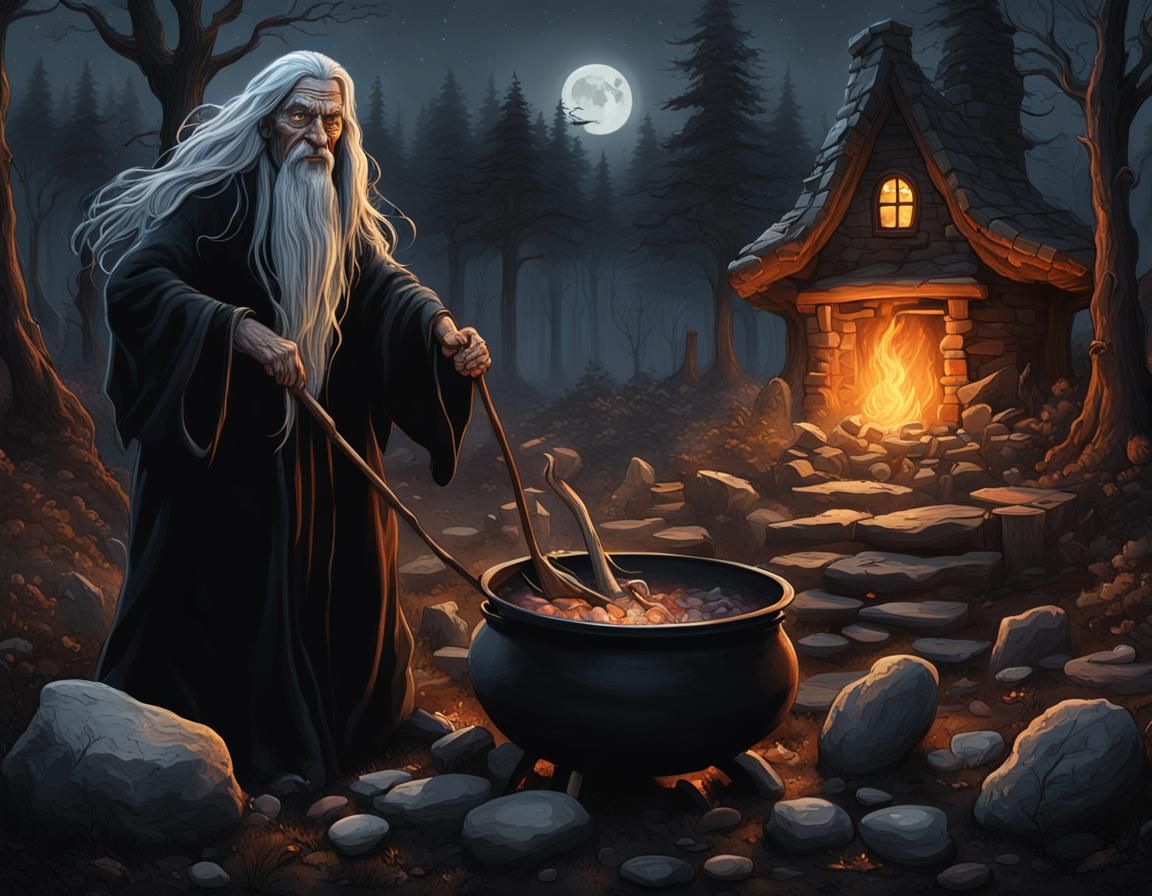 Wrinkled Witch Stirring Cauldron in Dark Forest