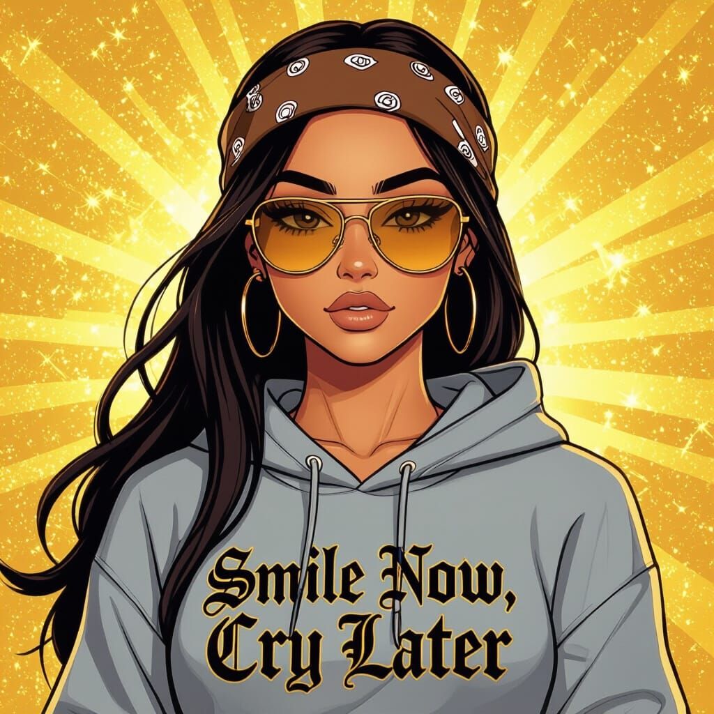 Latina Woman in Cartoon Style with Graffiti Art