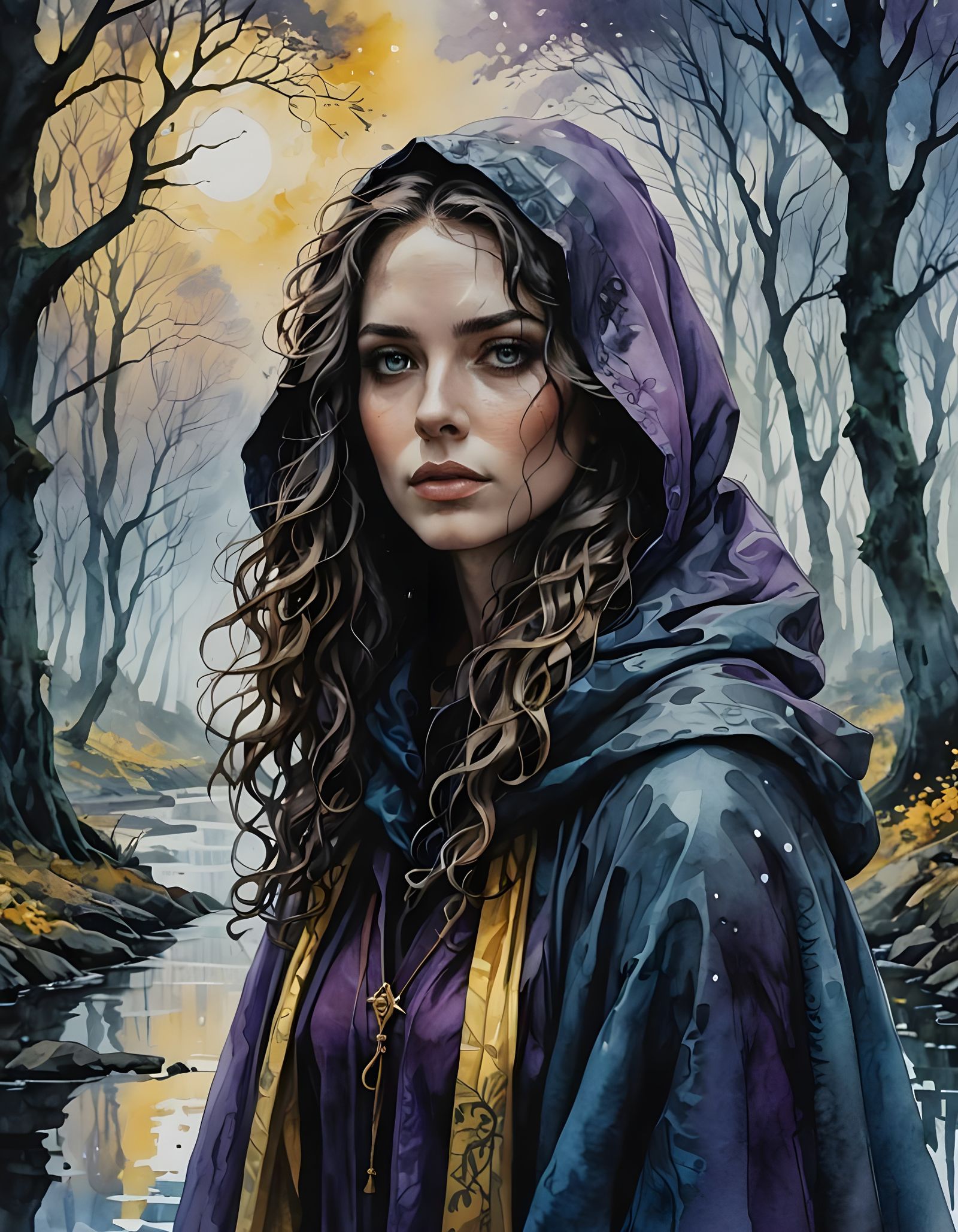 Eerie Forest: Watercolor Portrait of Woman in Cloak