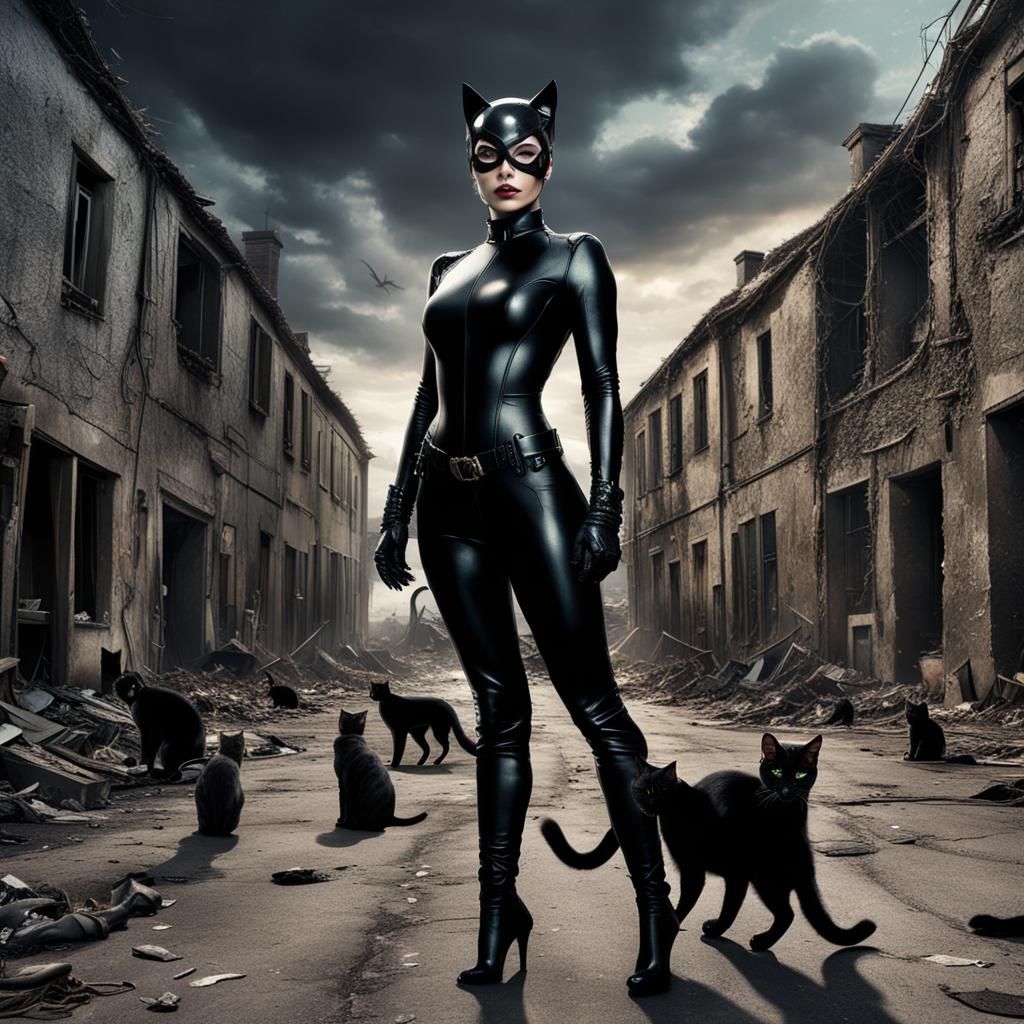Catwoman in Dystopian Welsh Village, Photorealistic 3D Rende...