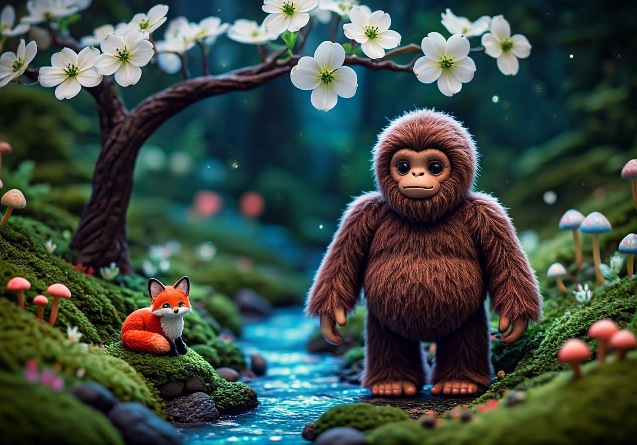Whimsical Sasquatch Scene with Fox and Fantastical Landscape...